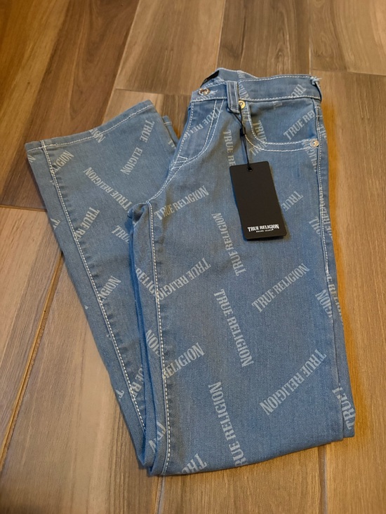 True Religion Denim - True Religion Slim Straight Jeans in Light Blue Logo Print